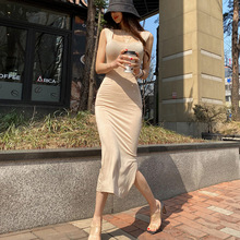 韩国东大门女士修身性感显身材开叉包臀无袖连衣裙吊带长裙女