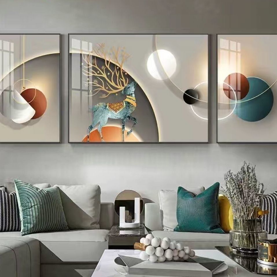 客厅装饰画现代简约沙发背景墙画北欧式三联画晶瓷有框抽象挂画