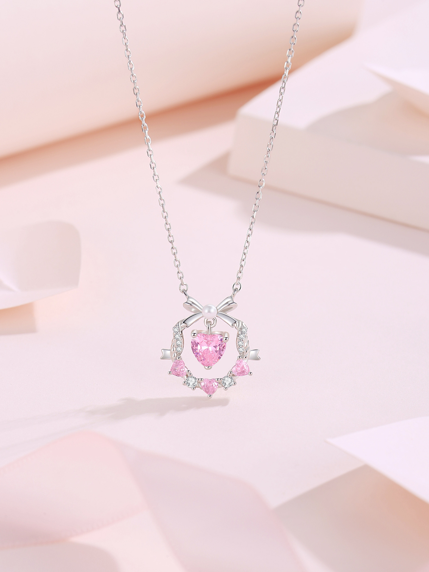 原创925银爱心蝴蝶结花环项链闺蜜精致珍珠镶钻锁骨链生日礼物女