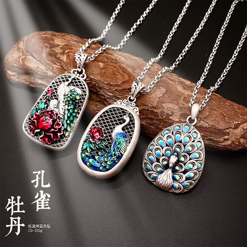 福氏千足银9999纯银吊坠宫廷风珐琅彩绘挂坠项链国潮银饰银吊坠