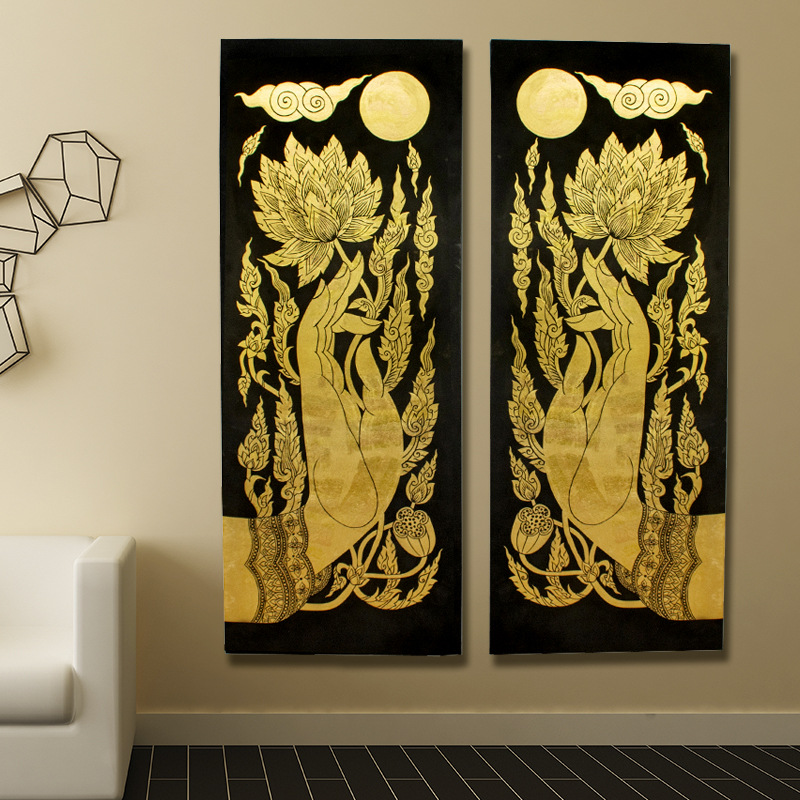 泰国佛手莲花金箔油画挂画东南亚泰式客厅走廊玄关入户墙面装饰画
