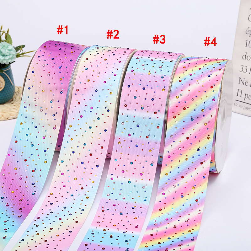 7. 5cm Colorful Rhinestone Printing Ribbon Girl Heart Pink Ribbon Satin Ribbon Clothing Hair Accessories DIY Material Wholesale