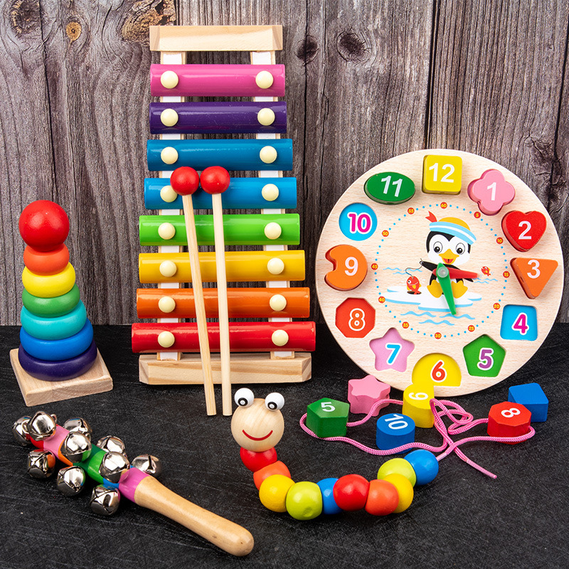 Early Education Intellectual Building Blocks Infant Children's Wooden Toy Bead-Stringing Toy Xylophone Preschool Musical Instrument Children's Gift