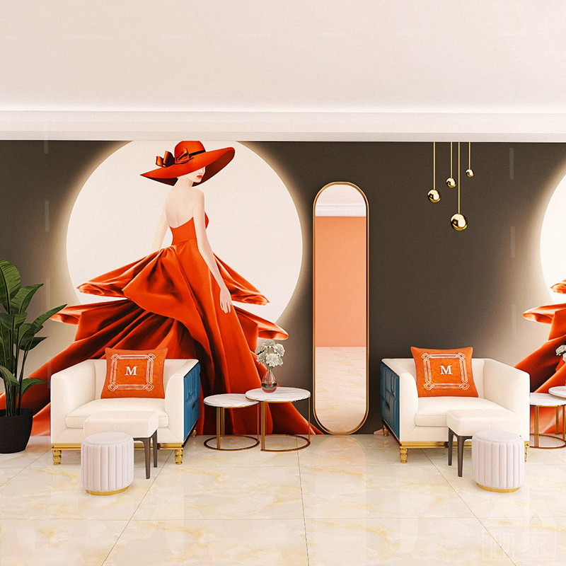 法式轻奢美女背景墙壁纸女装服装美院院理发店爱马仕橙墙纸直播间
