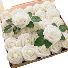 跨境欧式礼盒装8CM仿真玫瑰花加叶子25朵50朵盒装 家居花艺装饰