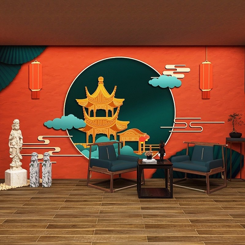 中国风花鸟故宫红墙纸新中式古风餐厅茶室火锅店剧本杀工程装壁纸