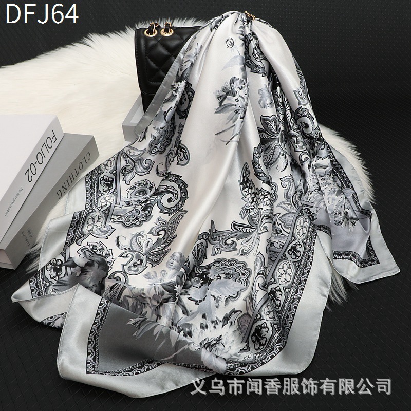 Spring, Autumn and Winter 90 Satin Scarf Female Intellectual Elegant All-Match Square Scarf Headscarf Dustproof Sunshade Headcloth Small Shawl