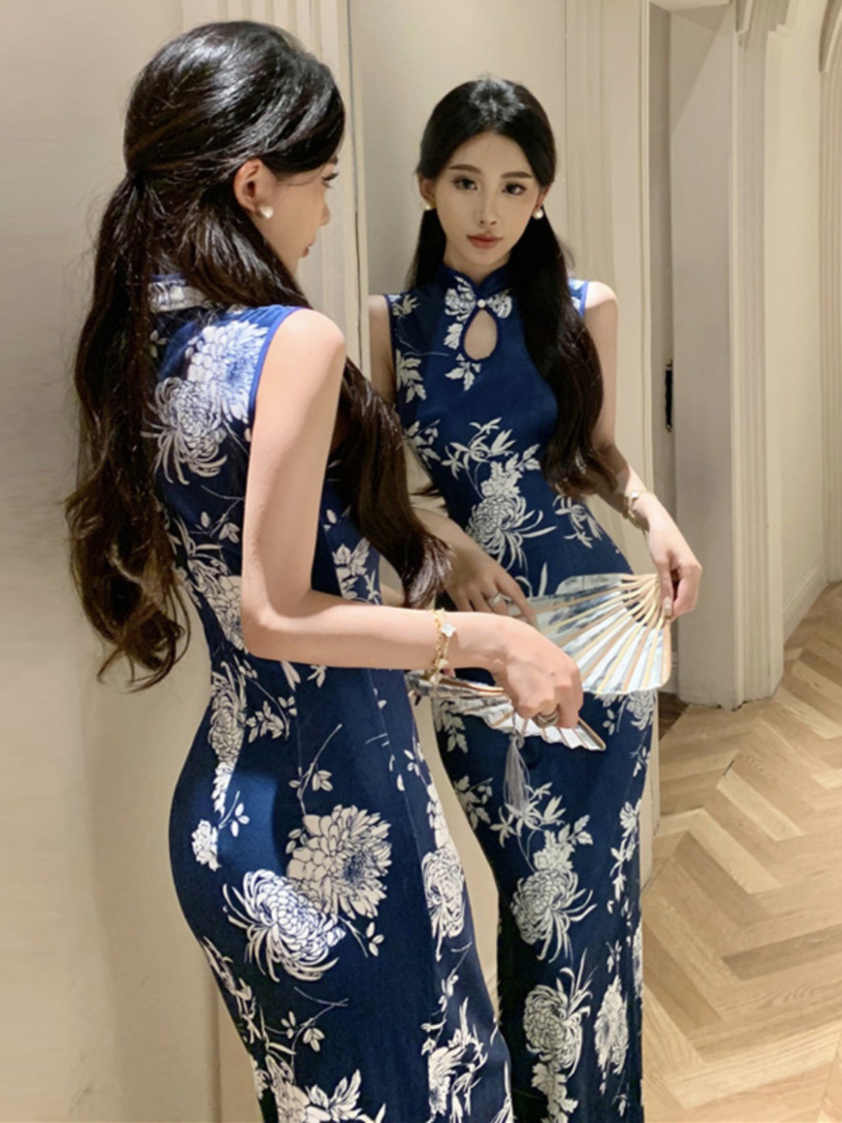 时尚气质名媛青花瓷印花丝绒长裙无袖包臀改良旗袍连衣裙-阿里巴巴