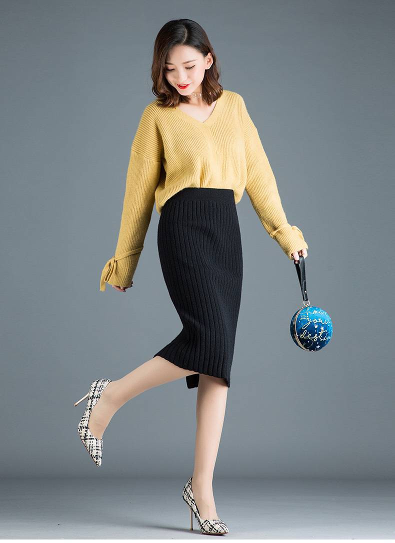 半身裙秋冬搭配毛衣针织半身裙女秋冬加厚开叉包臀中长款一步裙20