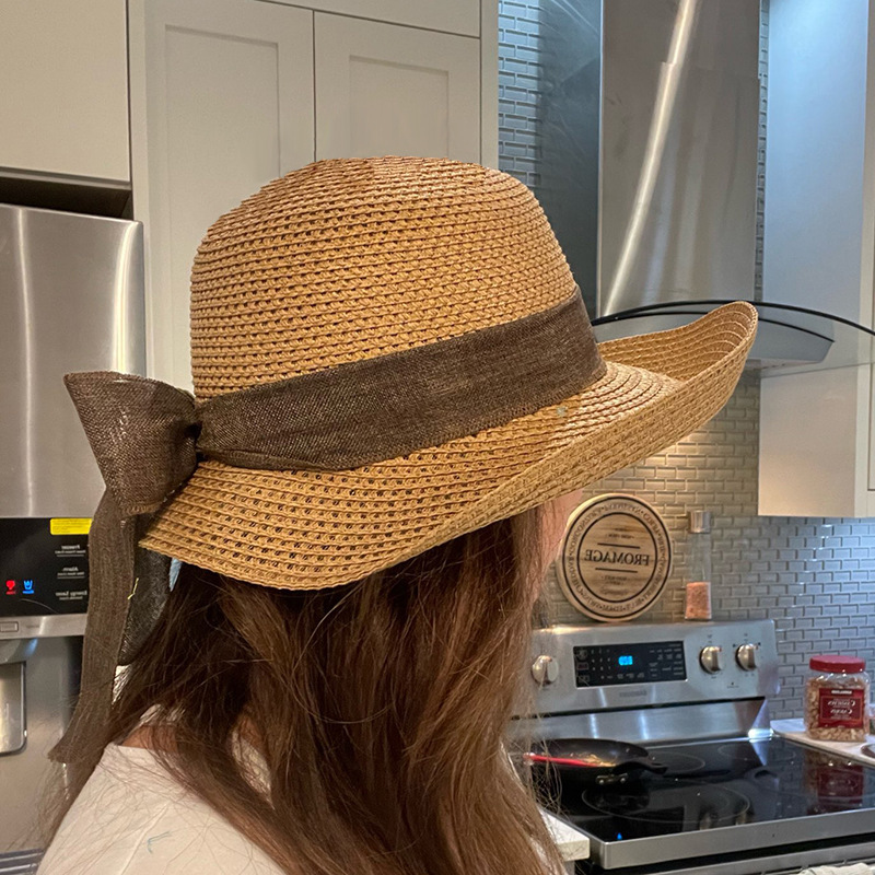 卷边草帽韩版蝴蝶结沙滩帽女夏天海边防晒帽子遮阳度假大檐帽凉帽