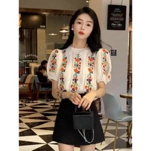外贸eBay韩系甜美温柔复古刺绣花朵圆领套头针织衫女夏季短袖小众
