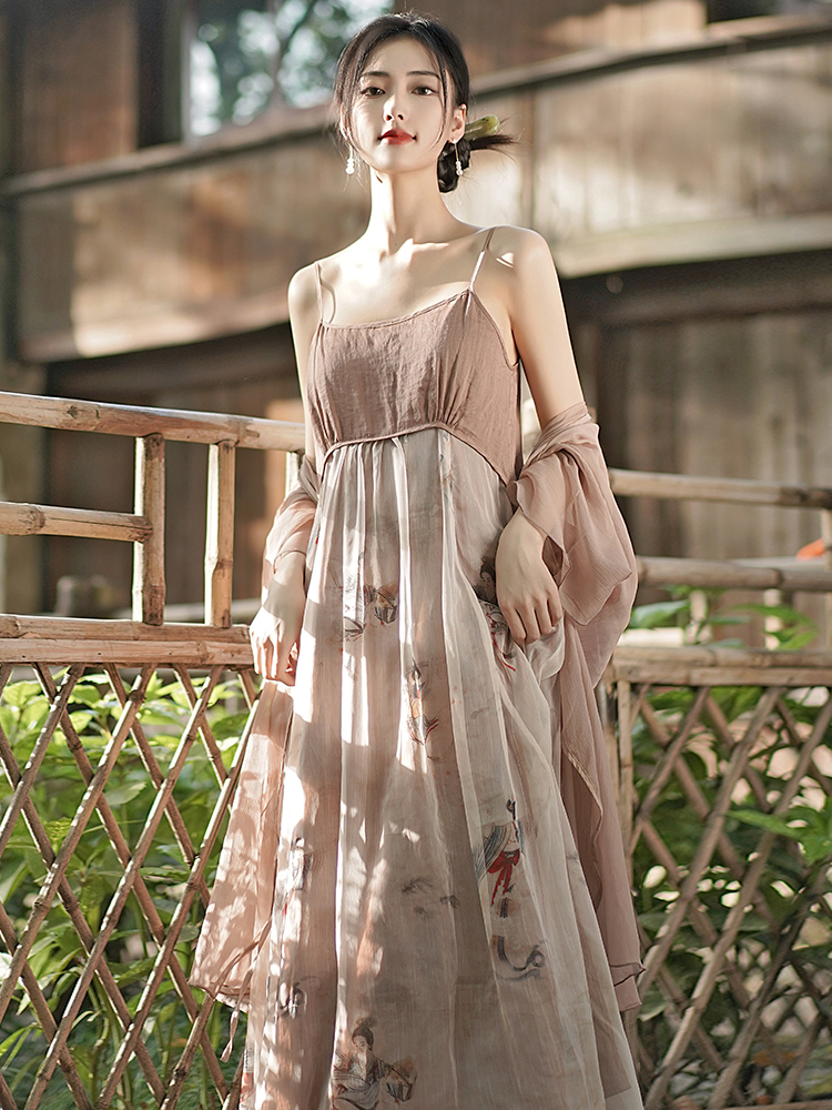 新中式女装禅意套装春夏汉元素吊带长裙中国风汉服改良版连衣裙子