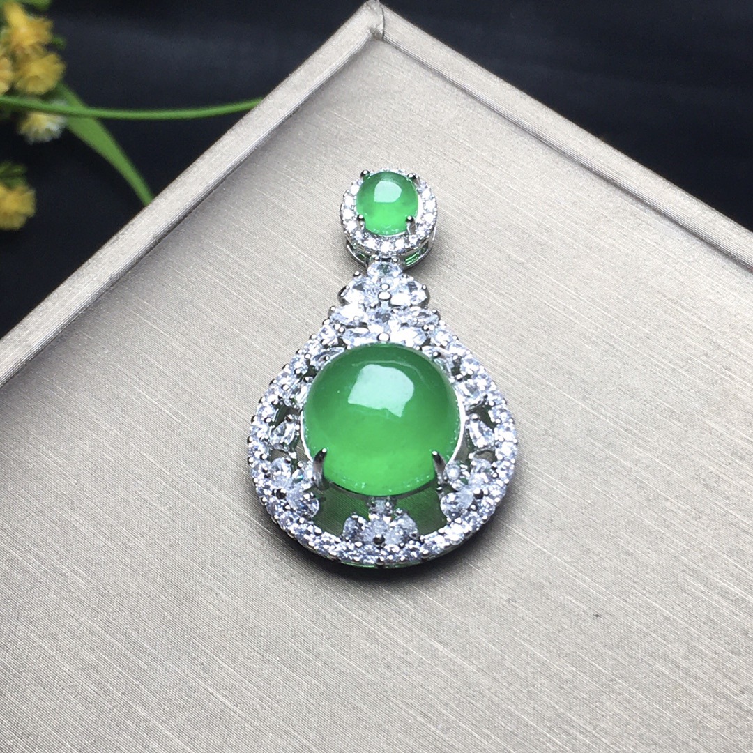 翡翠满绿冰绿圆蛋面镶嵌吊坠 玉器批发 镇平玉器批发