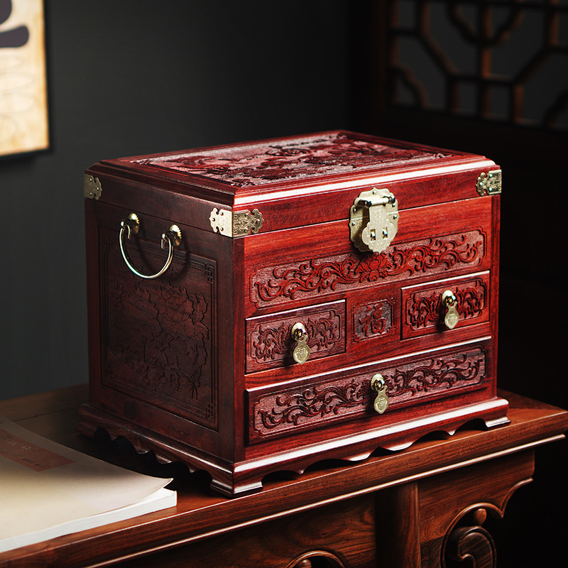 红木首饰盒定制化妆品收纳盒中式复古木质梳妆盒带锁嫁妆结婚礼物