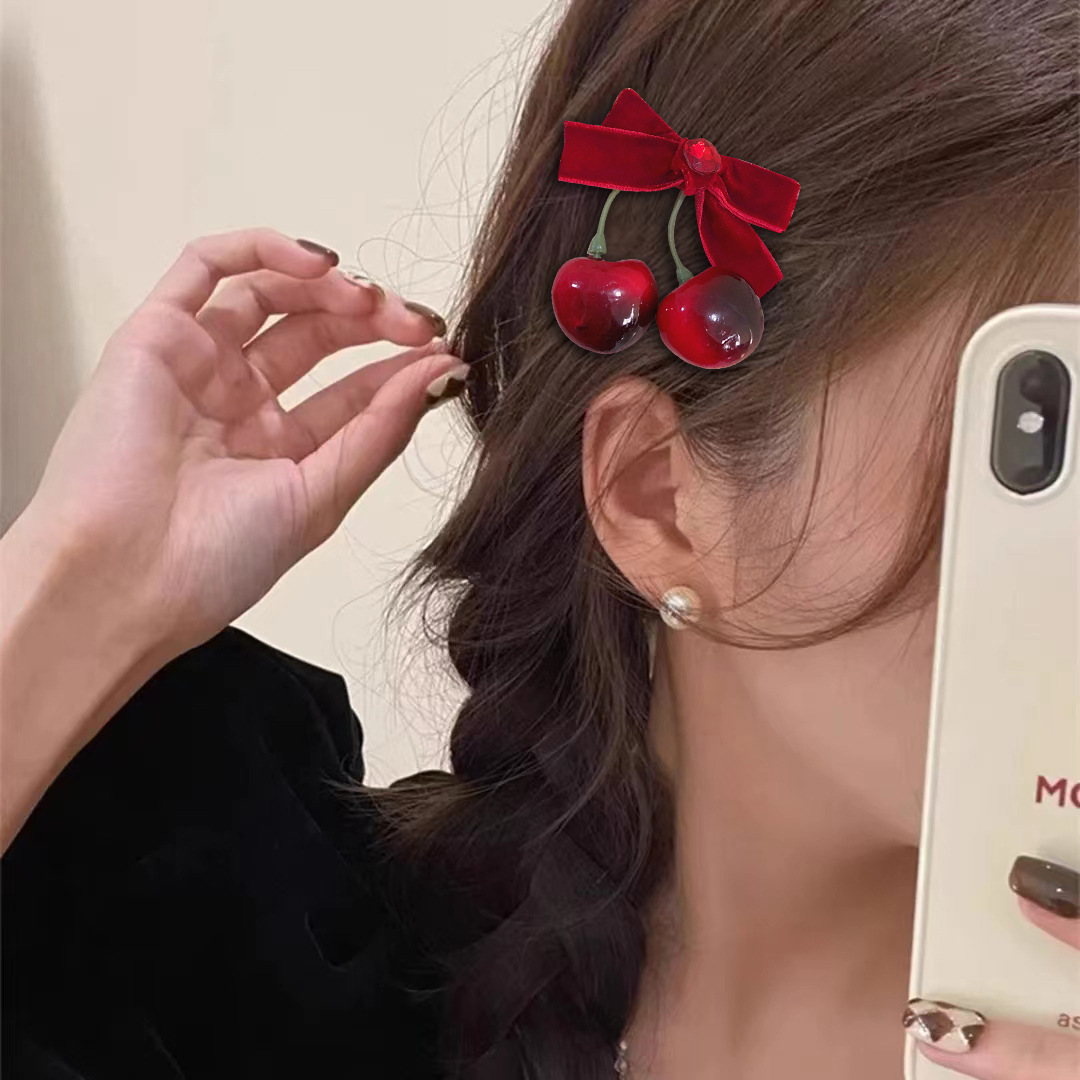韩国新款甜美可爱新年红色丝绒蝴蝶结樱桃发夹碎发刘海夹发饰女