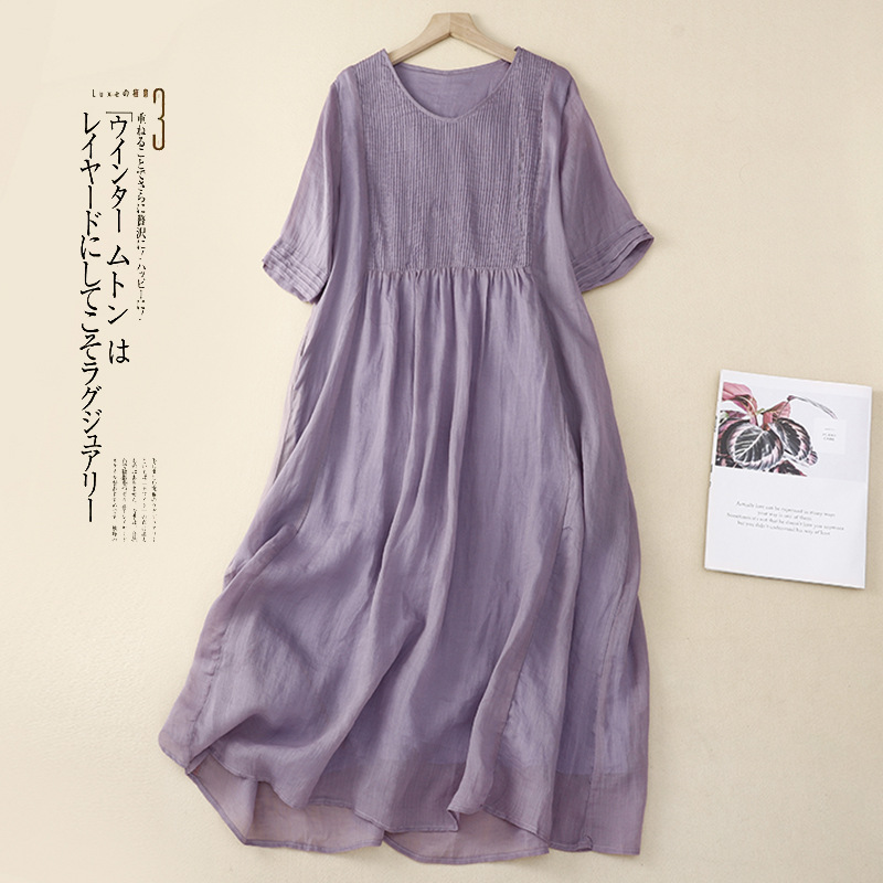 2023 Summer New Retro Japanese Cotton and Linen Women's Large Size Organ Pleated V-neck Loose Artistic Short Sleeve Dress