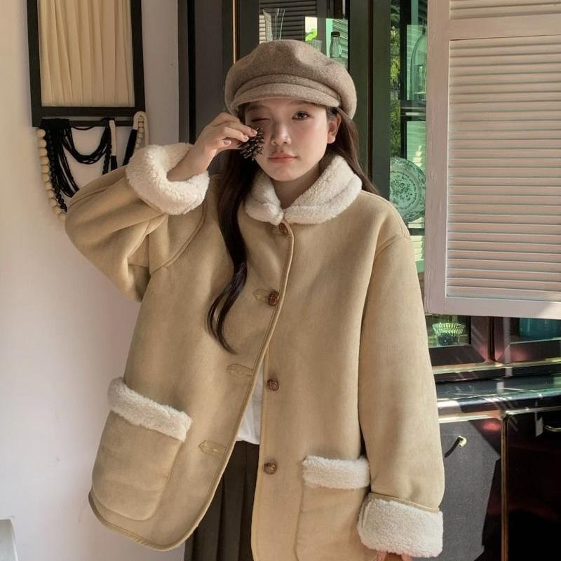 复古仿羊羔毛外套女冬季款加绒加厚设计感麂皮绒皮毛一体学院风