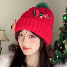 洋气红色圣诞毛线帽子女秋冬季韩版可爱球球显脸小大头围针织保暖