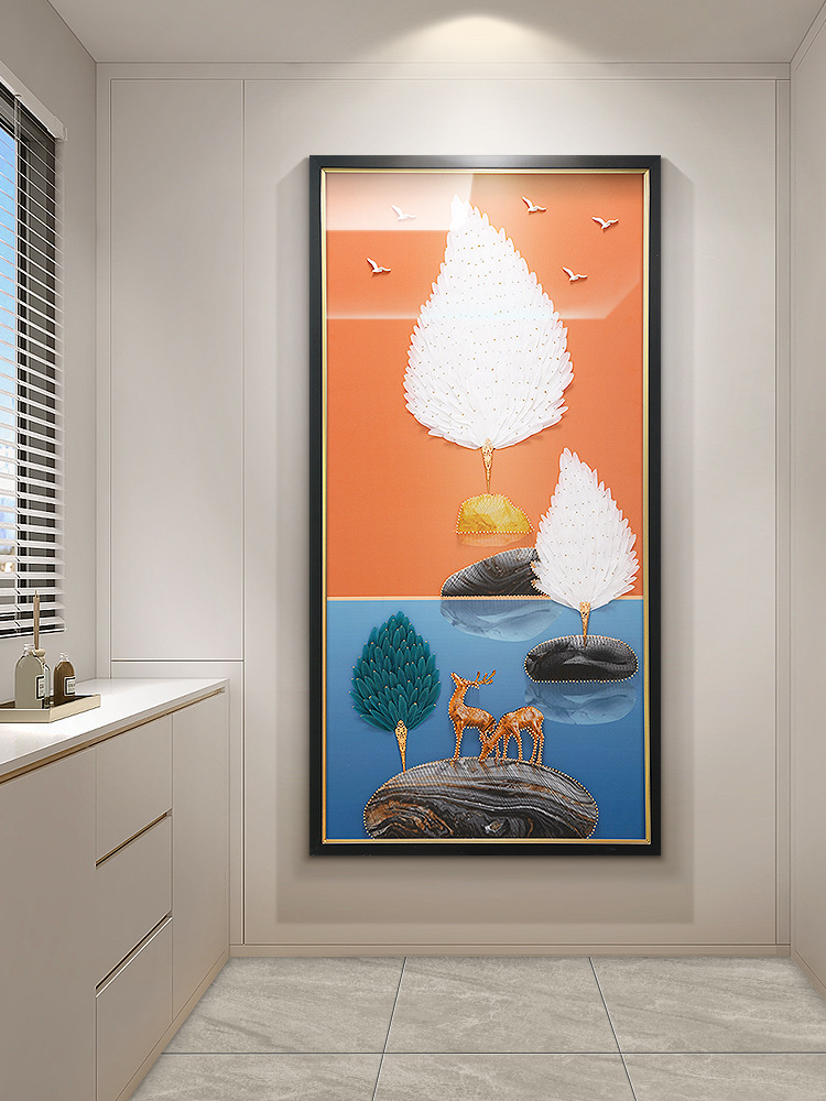 轻奢风入户玄关装饰画竖版3d立体高端走廊尽头挂画过道背景墙壁鹿