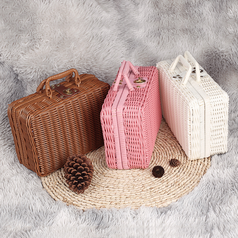 Cosmetic Finishing Rattan Boxes Vintage Props Rattan Suitcase Hand Gift Box Solid PP Woven Rattan Storage Box