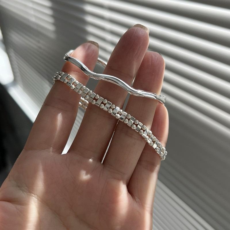 Simple Geometric Wave Bracelet Female Personality Fashion Twin round Beads Stitching Elastic S925 Silver Bracelet Bracelet