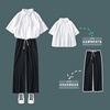 2022夏季學院風套裝女學生韓版寬松短袖襯衫+九分闊腿褲兩件套潮