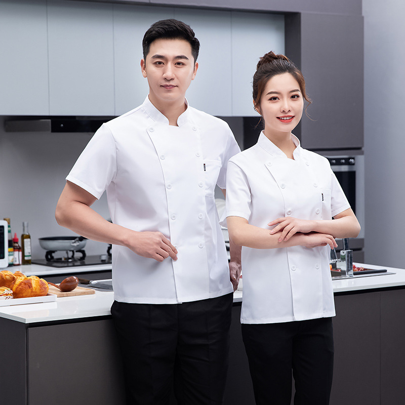 纯色双排扣厨师服短袖女夏天餐厅饭店火锅店后厨工作服黑色男印字