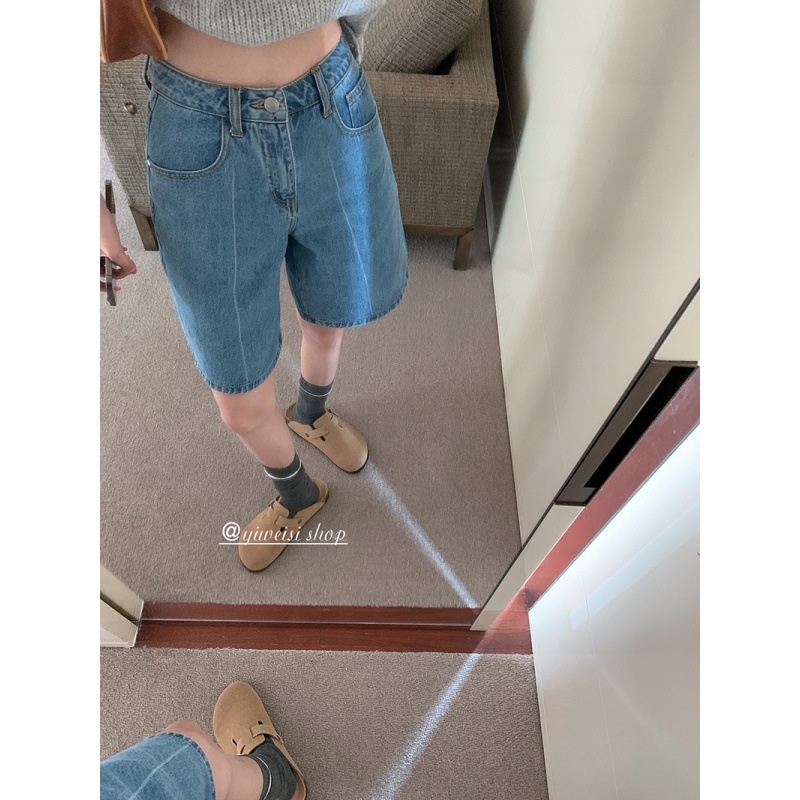 Real Shot 2023 Summer New Korean Style Sense of Design Loose Wide Leg Pants Slimming Cropped Denim Shorts for Women 41975