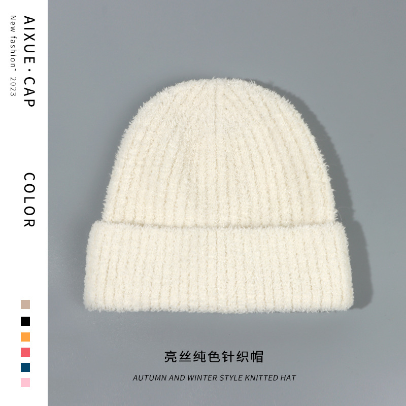 Hat Female Autumn Winter Japanese Simple Solid Color Knitted Hat Fashion Retro Comfort Tide Rabbit Fur Hat Warm Ear Protection Beanie Hat