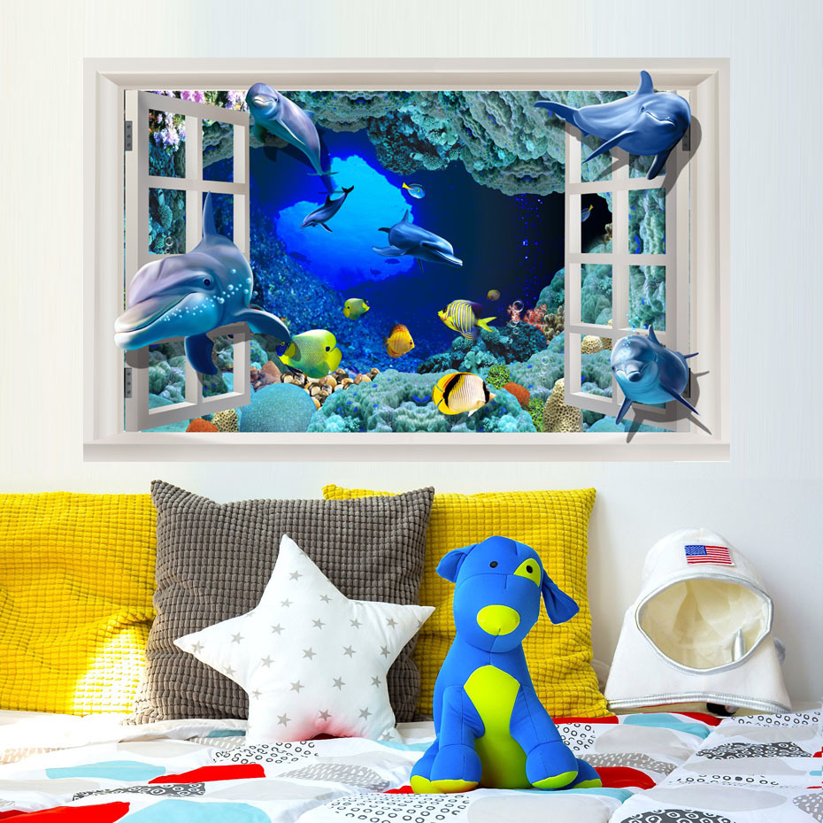 3d破墙海洋世界墙贴海豚动物贴纸客厅沙发背景涂鸦装饰贴画可移除