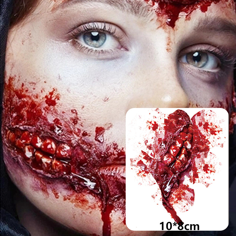 万圣节恐怖贴纸伤口缝针伤疤纹身贴吸血鬼牙血浆面部整蛊化妆道具