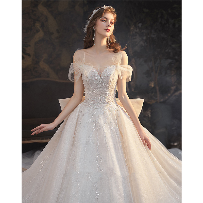 抹胸主婚纱2022夏新娘一字肩性感法式宫廷风宴会礼服【鸷鸟】婚纱