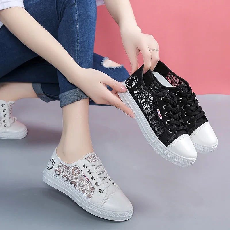 One Piece Dropshipping Female Tennis Shoes Sandals Casual Shoes Korean New Summer Mesh Surface White Shoes Lace Canvas Women's Shoes