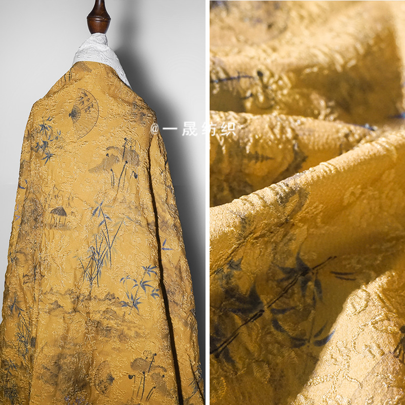 中国风复古山水画布料秋水墨画汉服古画旗袍墨竹数码印花弹力面料