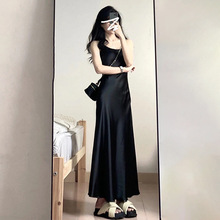 黑色缎面吊带连衣裙子女夏季2024新款感收腰气质包臀鱼尾长裙