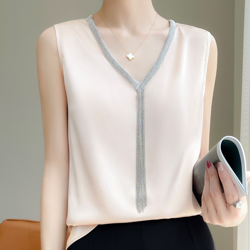 丝绸真丝吊带背心女 夏季外搭西装打底外穿缎面无袖垂感v领上衣女