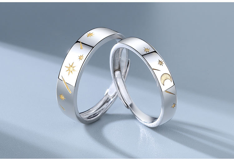 日月星辰戒指情侣一对戒纯银形影不离潮男女简约原创设计开口指环