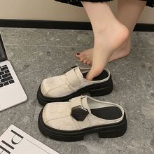 新中式国潮玛丽珍鞋女夏季外穿包头拖法式复古方头半拖厚底小皮鞋