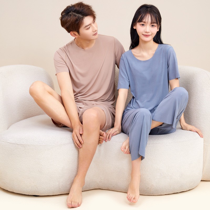 Spring and Summer Couple Pajamas Home Wear Loose Thread Ice Silk round Neck Home Wear Suit Various Platforms Delivery Wholesale