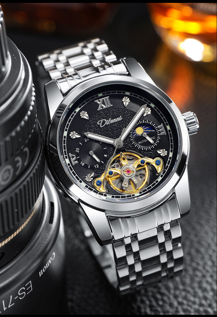 狄凡尼全自动机械表瑞士大飞轮男士机械表夜光日月星辰功能男手表