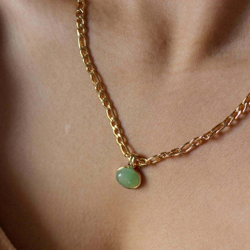欧美跨境18K金椭圆仿翡翠吊坠项链薄荷绿水晶颈链法式简约锁骨链