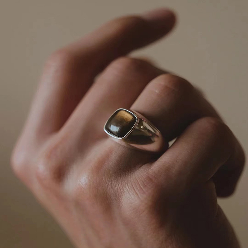 a欧美s925纯银茶晶戒指不掉色小众冷淡风高级感男款嘻哈饰品批发