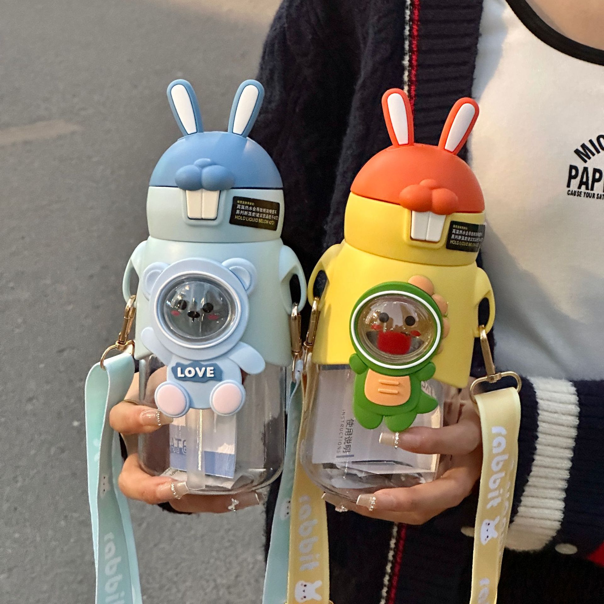 adorable rabbit bounce cup with straw plastic cup cute cartoon student drinking cup water cup sports bottle water cup wholesale