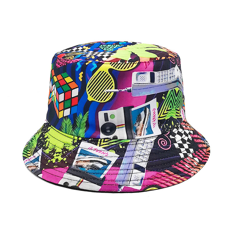 New 80S Printing Bucket Hat European and American Retro Nostalgic Tape Double-Sided Wear Bucket Hat Men's and Women's Outdoor Sun Hat