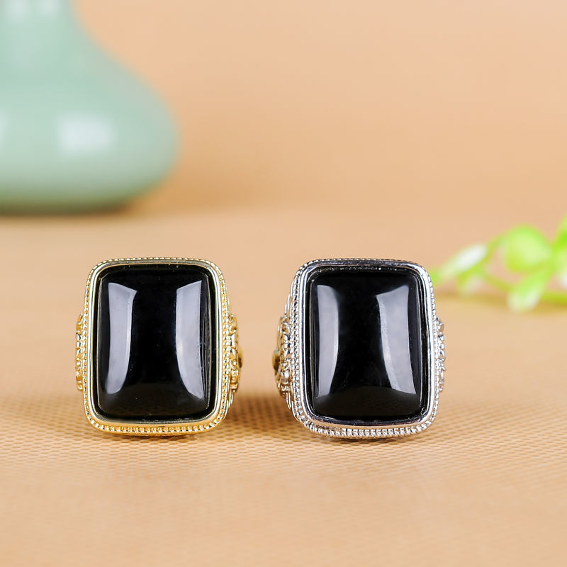 翡翠墨翠男款大号长方戒指指环调节简约潮流时尚百搭戒指