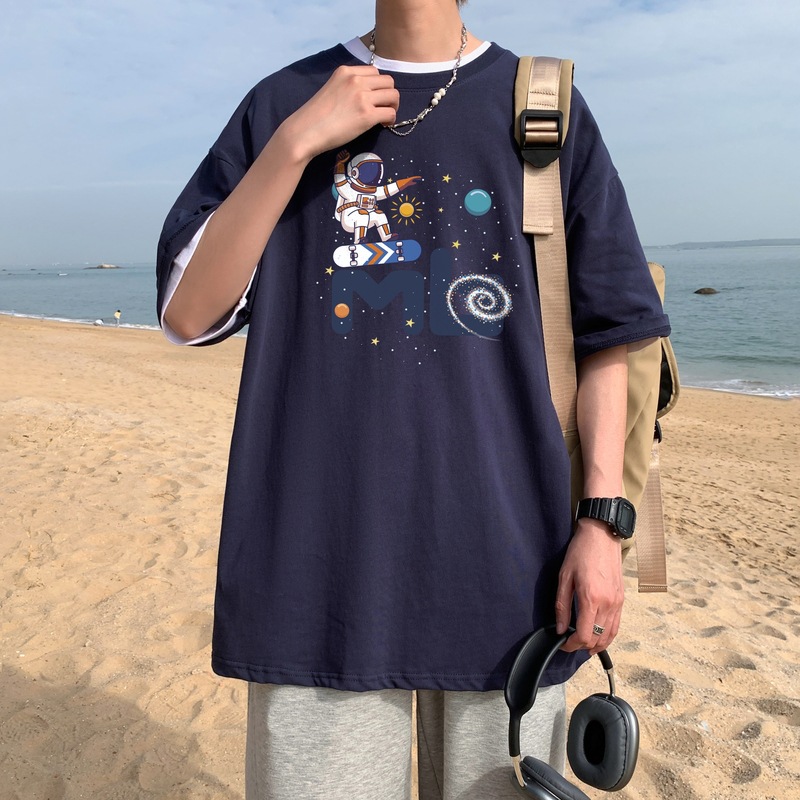 Cotton Short-Sleeved T-shirt Men's Summer Thin T-shirt Loose Teen Trendy round Neck Students Hong Kong Style Half Sleeve