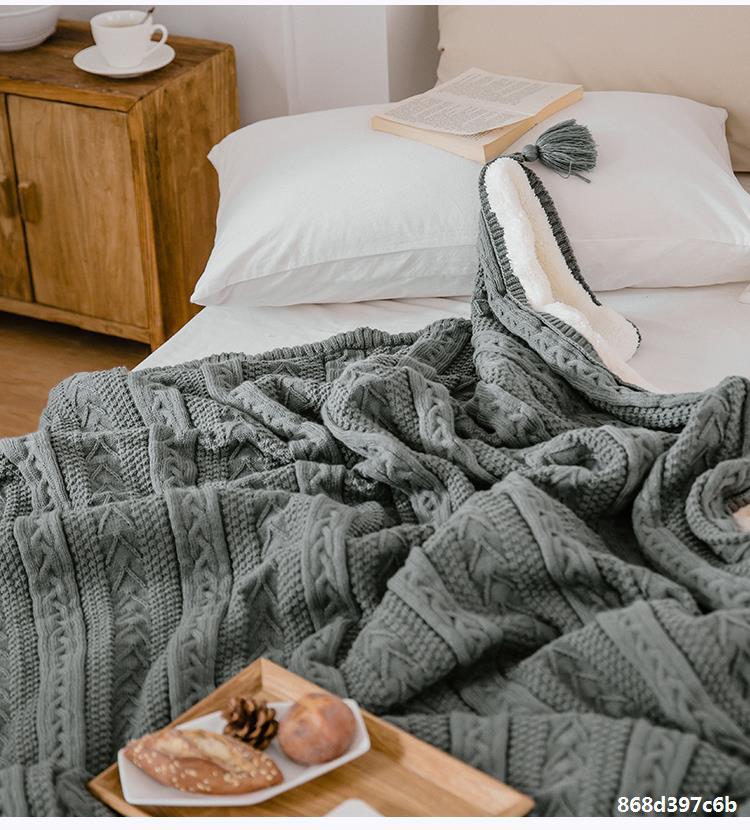 网红冬季羊羔绒针织毯毛线保暖编织加绒流苏盖毯加厚休闲毛毯被子