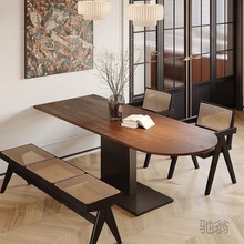 Hc法式复古实木餐桌半圆靠墙家用小户型饭桌创意中古风岛台餐桌一