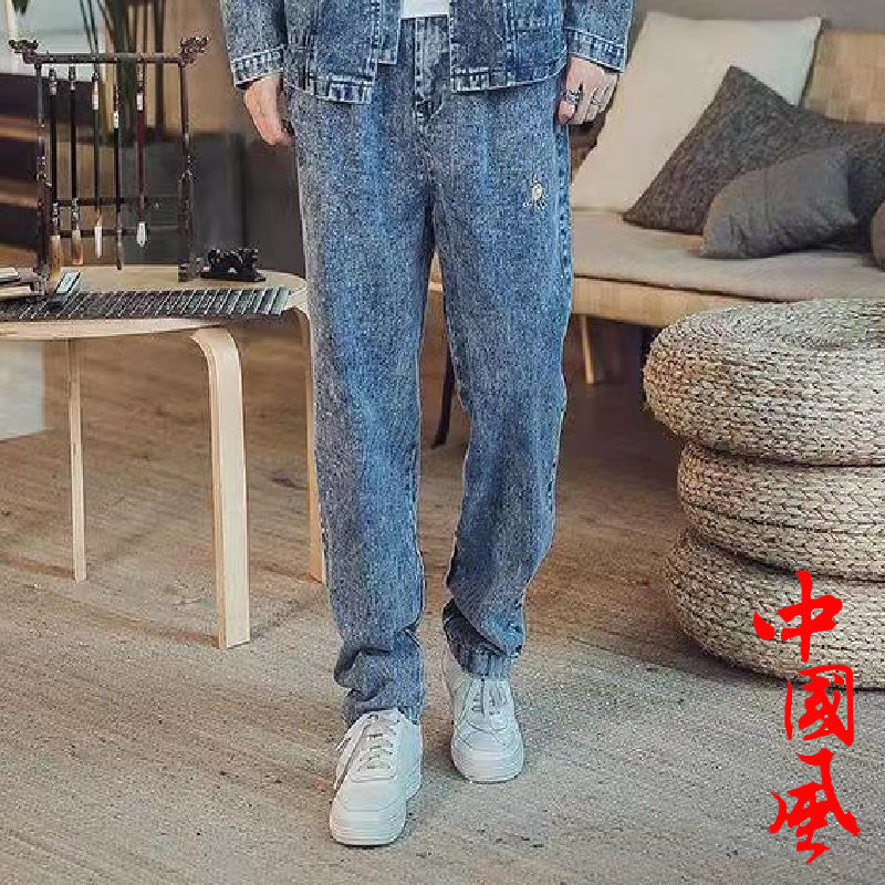 中国风男装刺绣牛仔套装唐装男国潮盘扣宽松青年复古中山装外套男