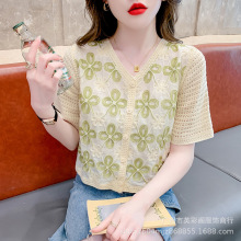 小清新小众新款韩版夏季钩花镂空设计感针织衫女短袖别致开衫上衣